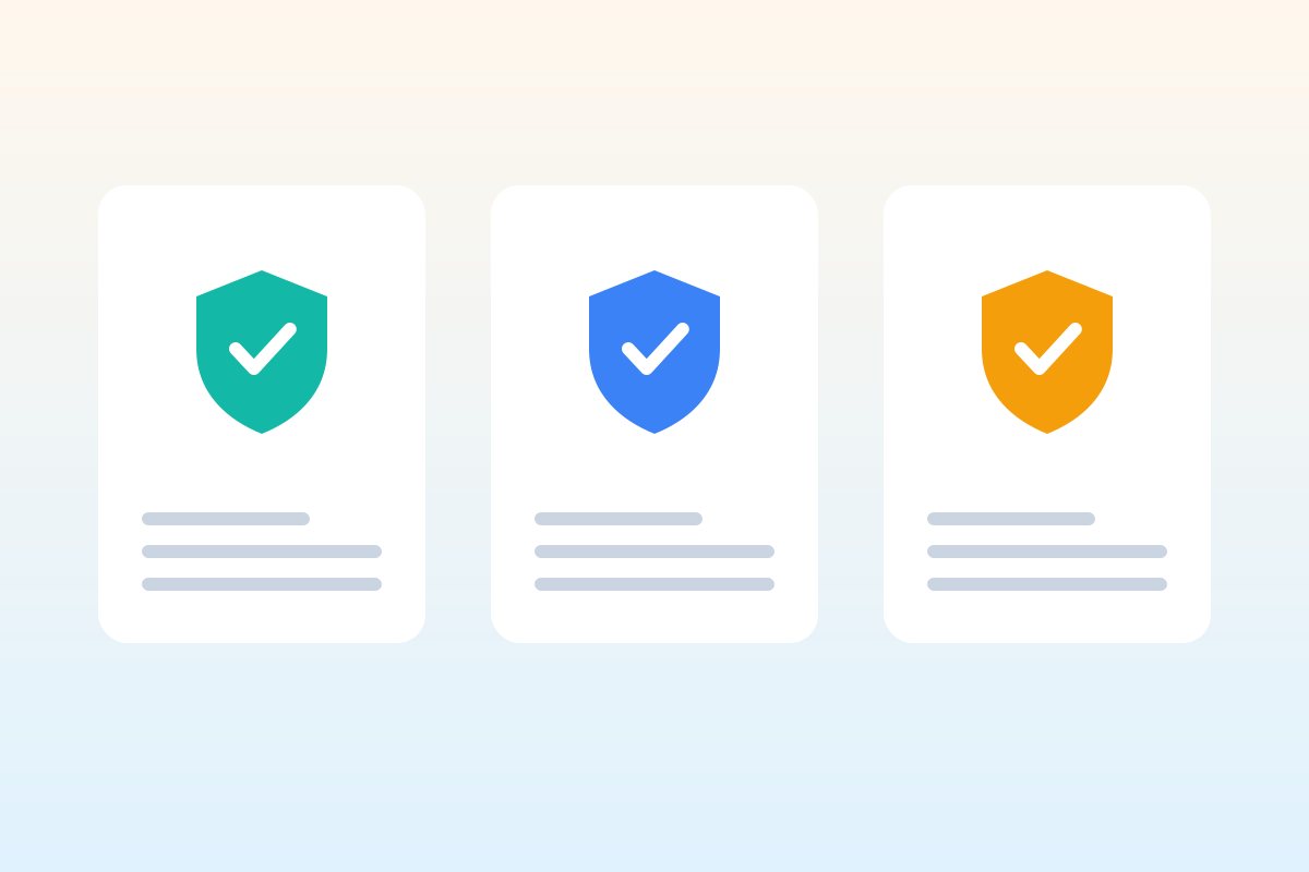Flat illustration of three coverage cards, each with a colored shield icon, representing general liability, workers' comp and commercial auto insurance