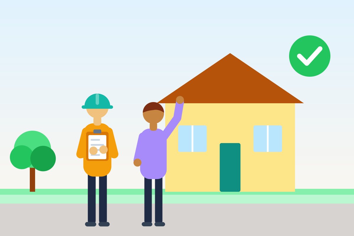 Flat illustration of a contractor with a clipboard and a homeowner waving in front of a house, with a green check mark showing the quote was accepted