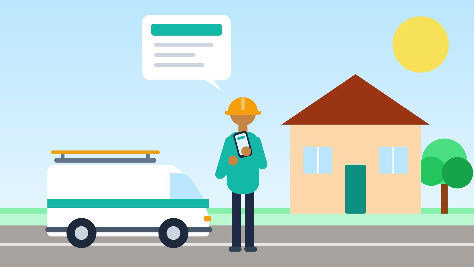 Flat illustration of a tradesperson in a hard hat standing between a work van and a house, using a phone to create an invoice on the job site