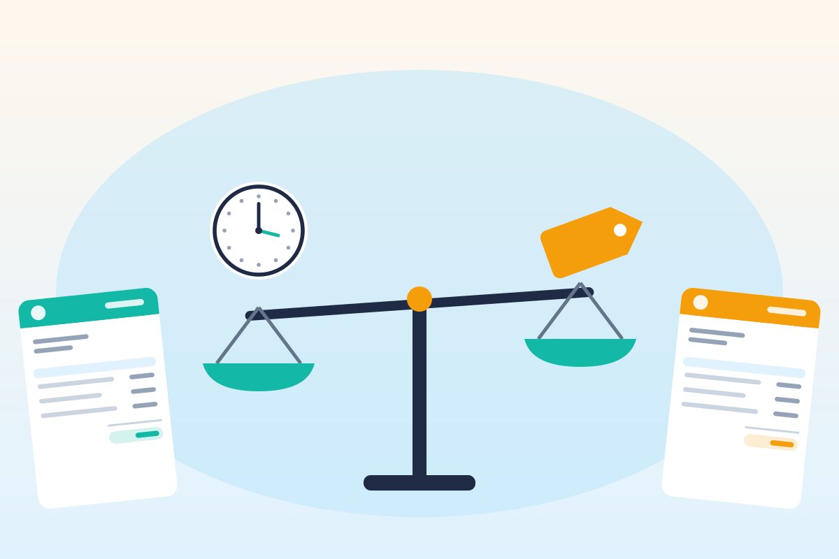 A balance scale with a clock on one side and a price tag on the other, between two small invoices