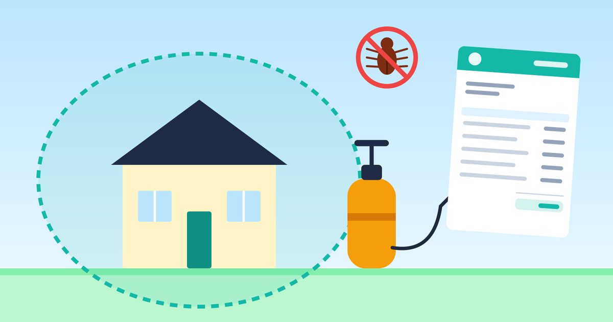 Flat illustration of a house inside a dotted protective boundary, a crossed-out bug icon, a pressure sprayer tank, and an itemized invoice