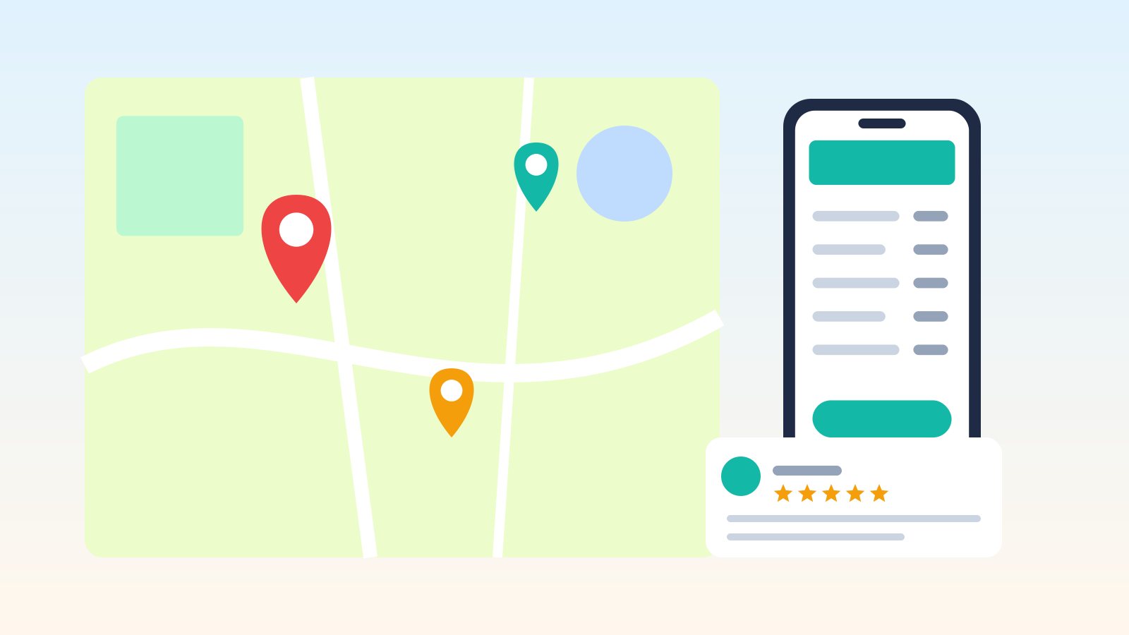 Flat illustration of a local map with location pins next to a phone showing a business listing and a five-star review card