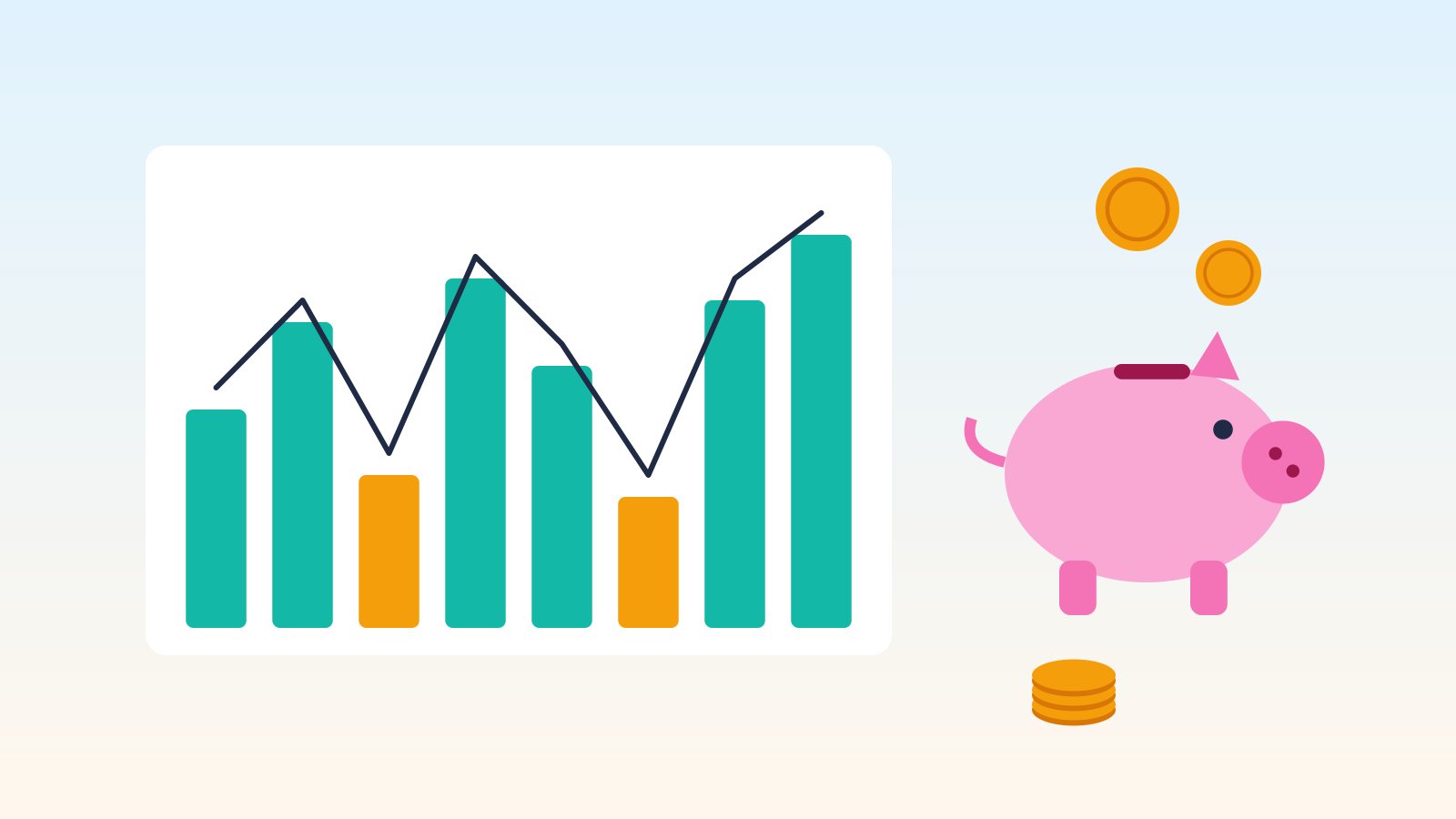 Flat illustration of a bar chart with a trend line showing rising and falling cash next to a piggy bank and coins