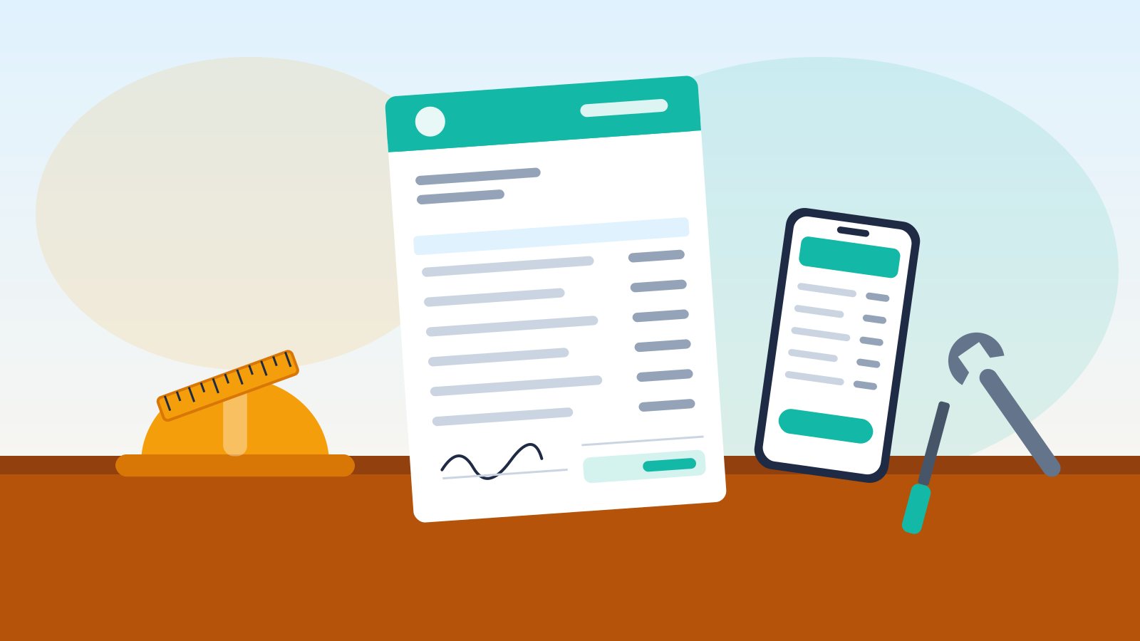Flat illustration of a contractor invoice on a workbench next to a hard hat, tape measure, wrench and a phone showing an invoice