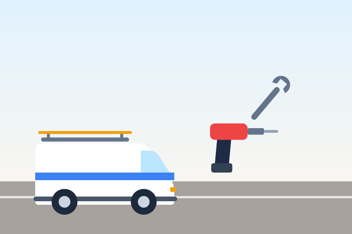 Flat illustration of an open toolbox with a drill, wrench and level next to a work van