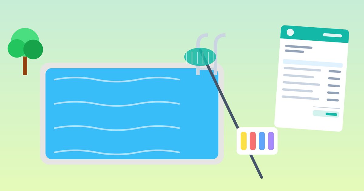 Flat illustration of a backyard swimming pool with a ladder, a skimmer net on a pole, a water test kit, and an invoice beside the pool deck