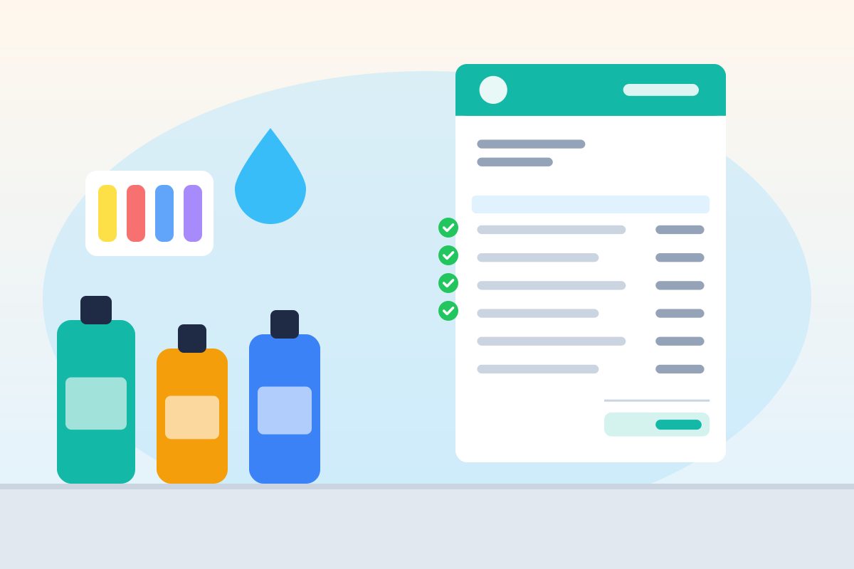A row of chemical bottles and a test strip next to an invoice with check marks and a water drop icon