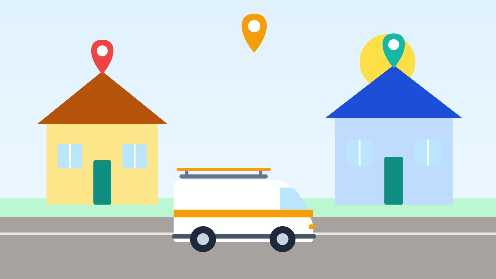 Flat illustration of a neighborhood with houses marked by map pins and a contractor's work van on the road between them