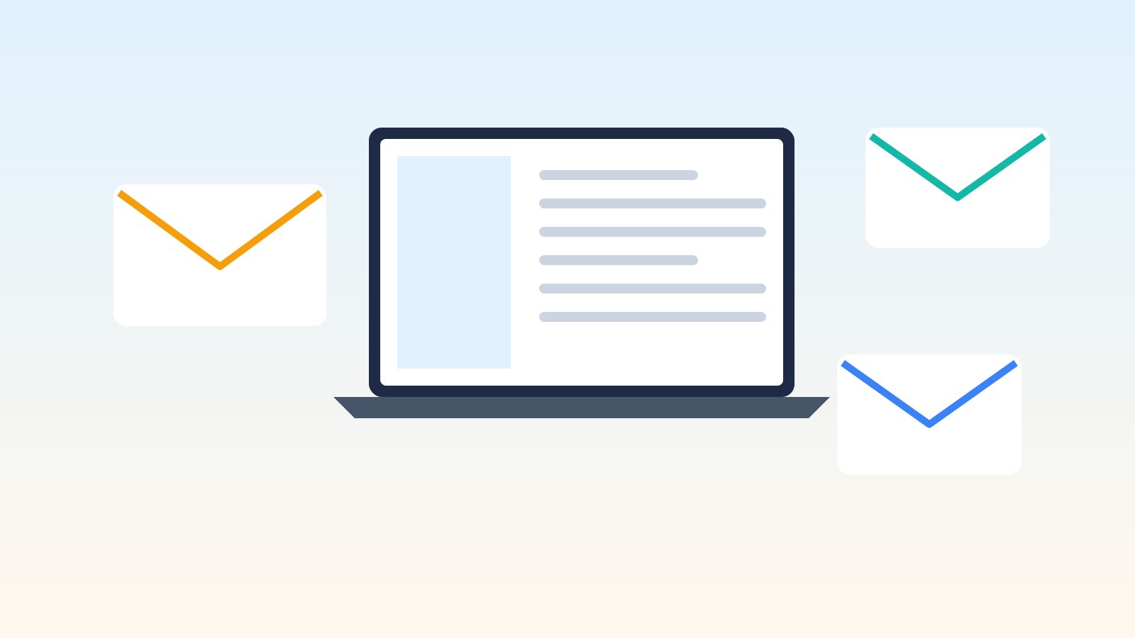 Flat illustration of a laptop with an open envelope and a check mark, next to a notebook and coffee mug, representing contractor email templates