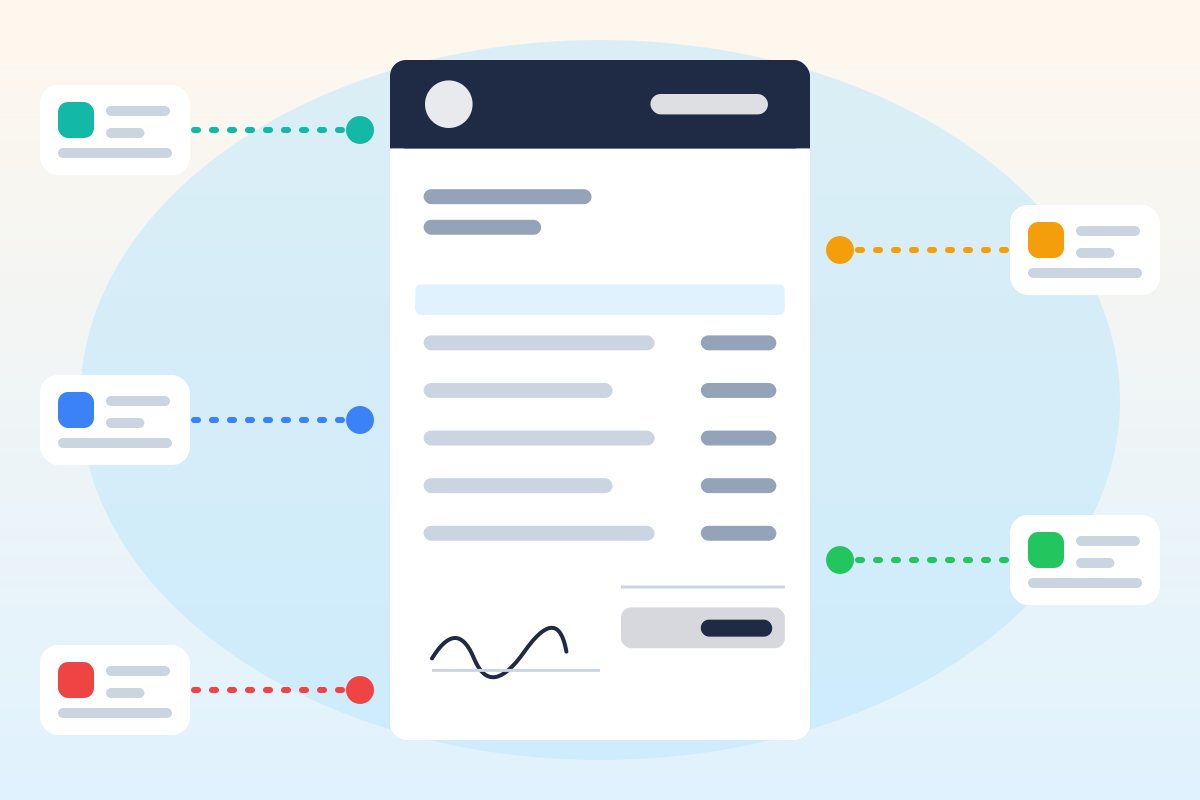 Flat illustration of an invoice layout with colored markers pointing to its sections: business details, customer details, line items, totals and signature area