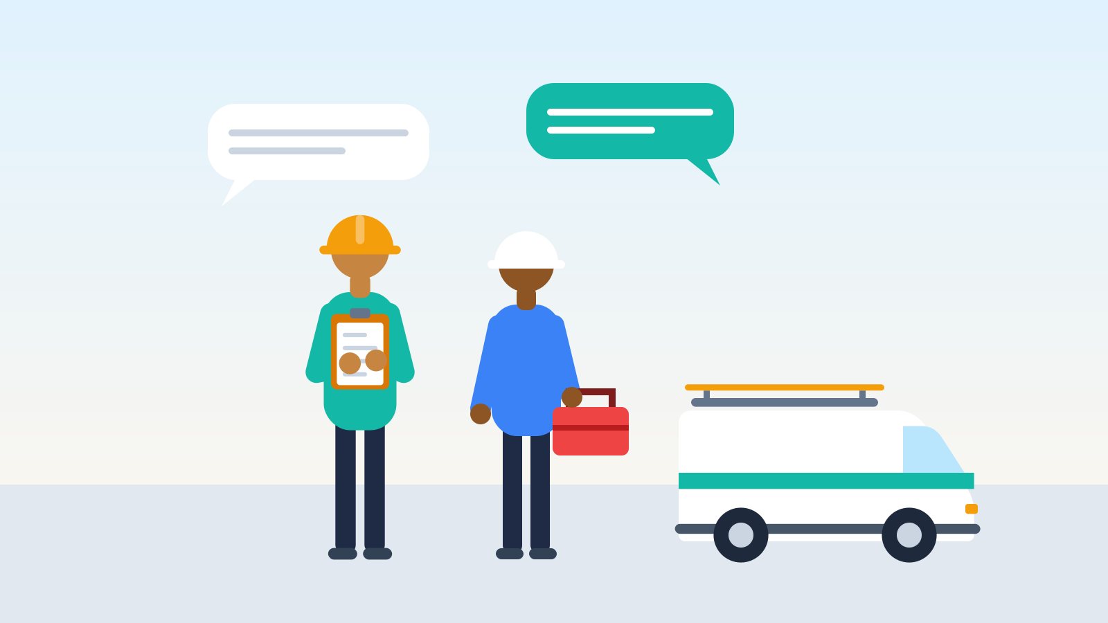 Flat illustration of a contractor with a clipboard standing next to a new helper with a toolbox beside a work van