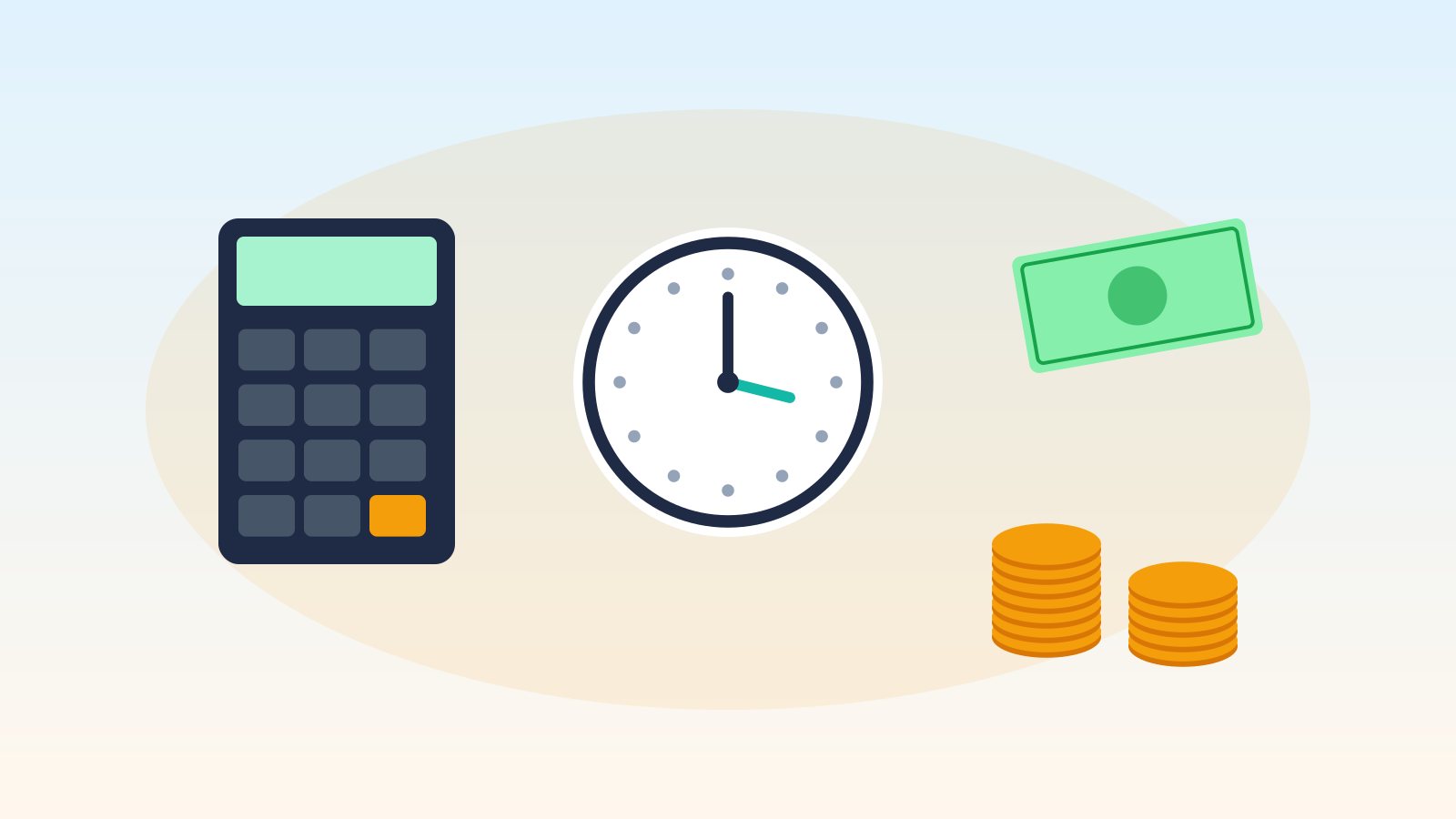 Flat illustration of a calculator, a clock and stacks of coins and cash, representing calculating a contractor's hourly rate