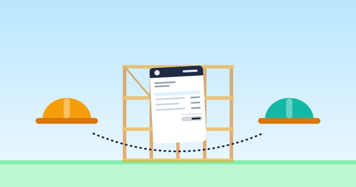 Flat illustration of two hard hats in different colors with an invoice passing between them along a dotted arrow, in front of a building frame