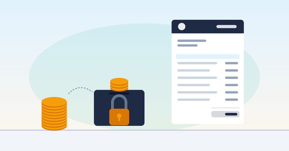 Flat illustration of a stack of coins with a portion set aside inside a padlocked box, next to a construction invoice