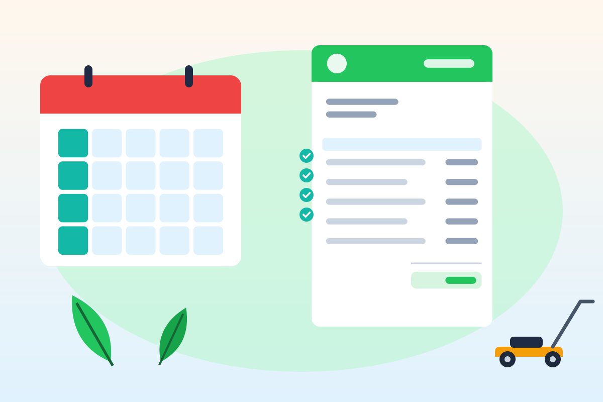 A calendar with weekly visits marked, a leaf and a small mower icon, and a monthly invoice with check marks