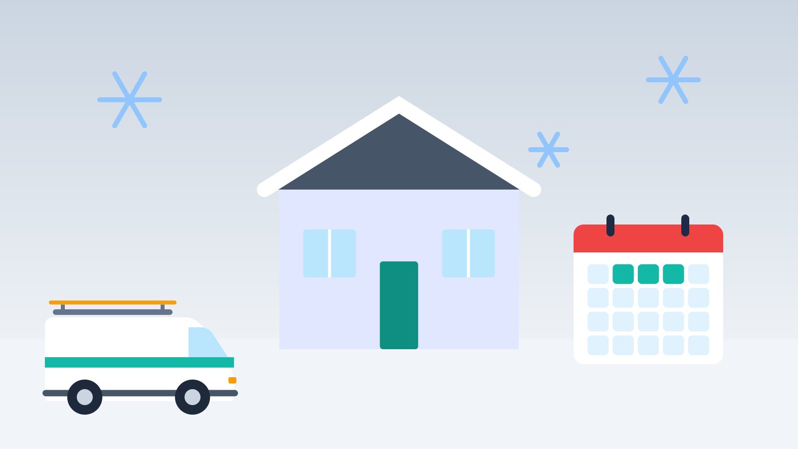 Flat illustration of a snowy house with a parked work van and a calendar, representing the slow winter season for contractors