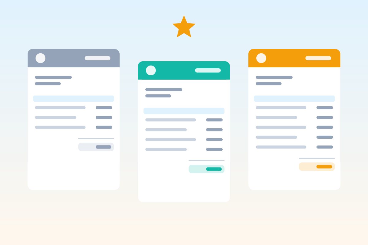 Flat illustration of three side-by-side quote documents in different colors representing good, better and best options