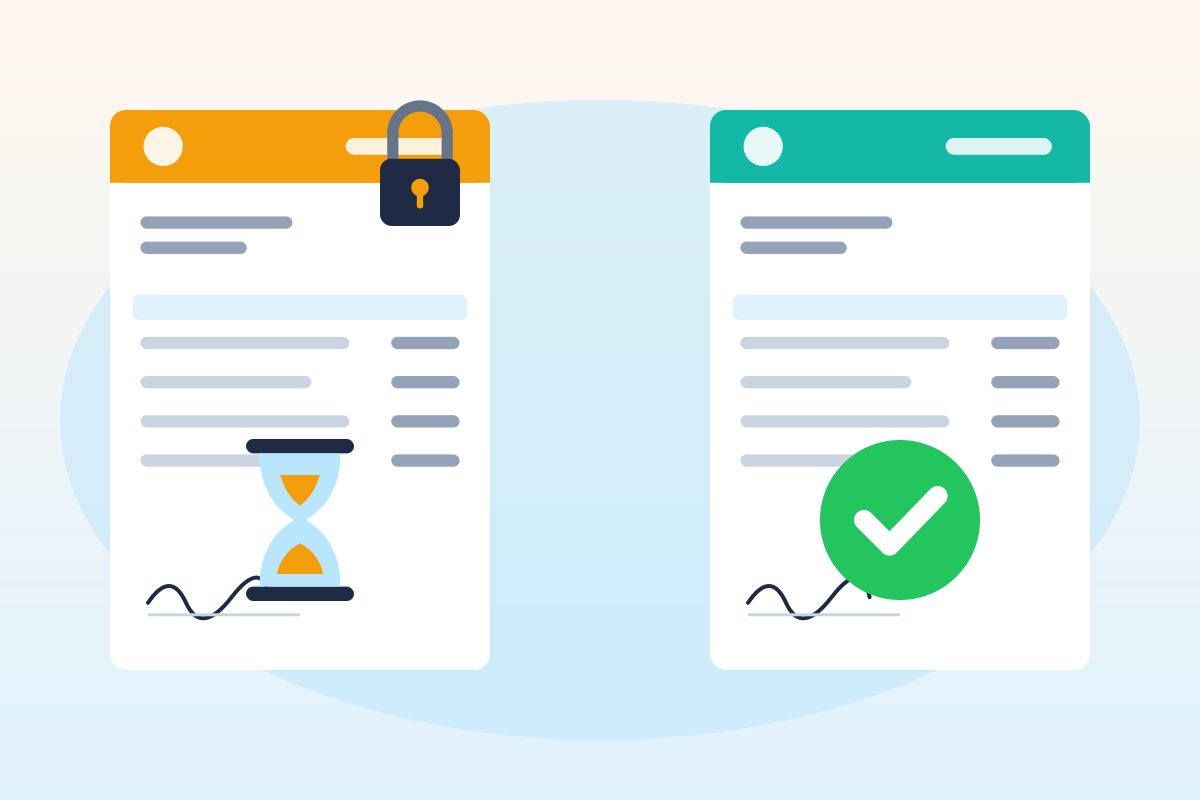 Two documents side by side: one with an hourglass and a small padlock representing a conditional waiver, the other with a green check mark representing an unconditional waiver