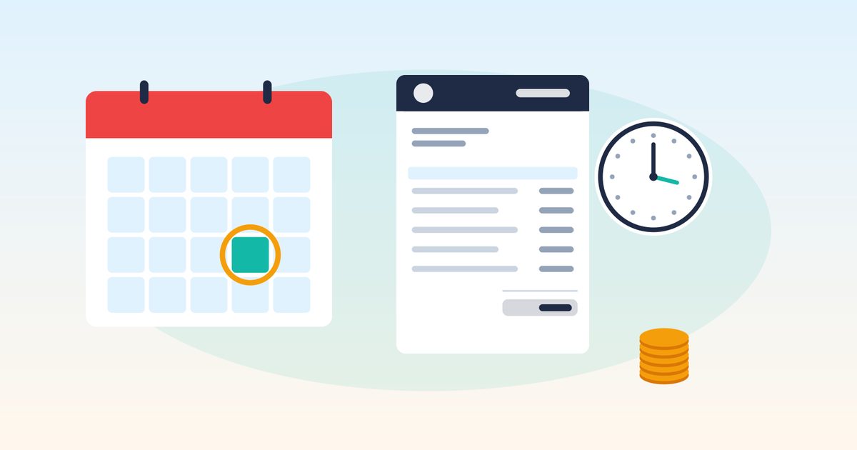 Flat illustration of a wall calendar with one date highlighted, an invoice with a clock beside it, and a small stack of coins